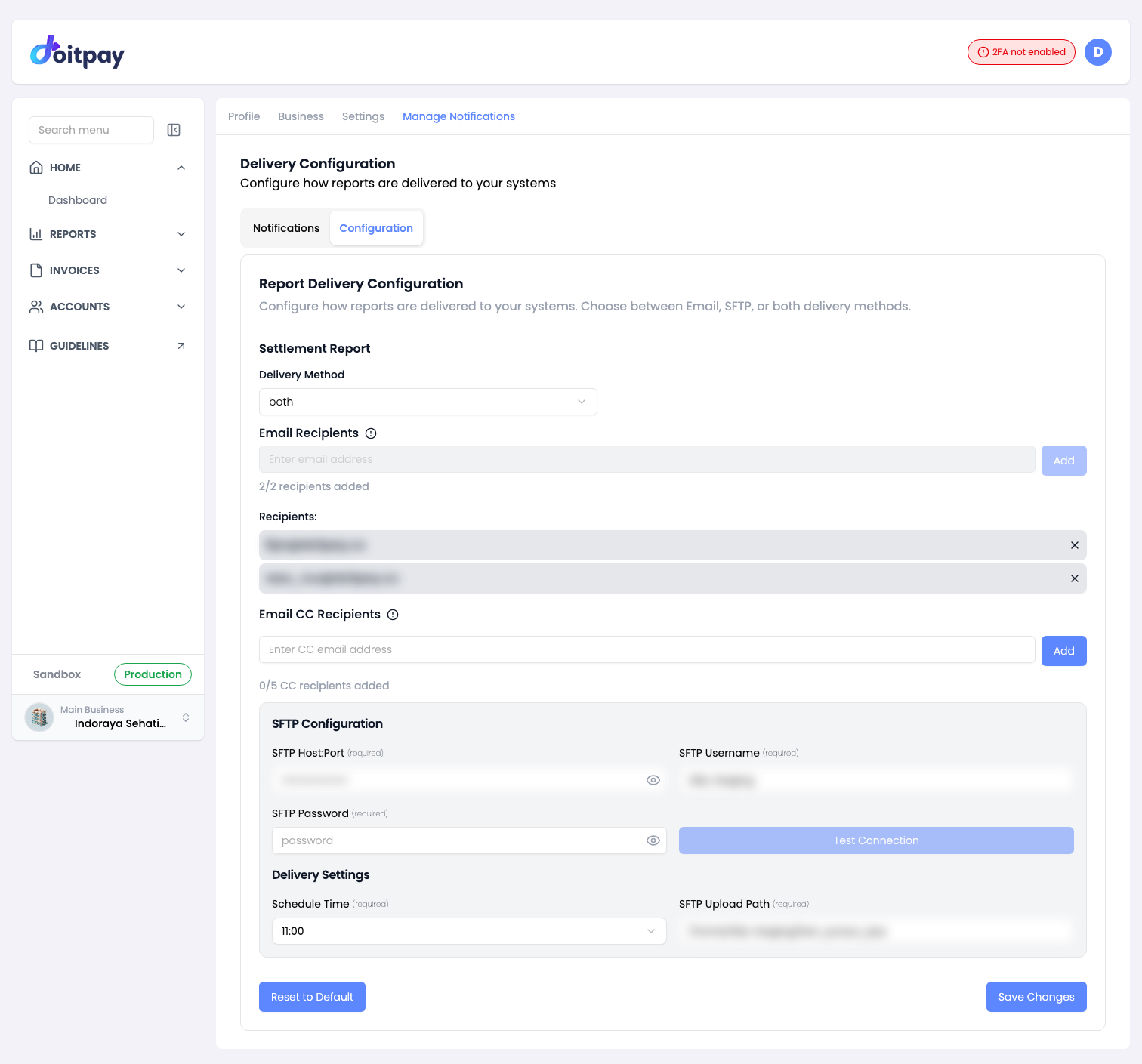 Report delivery configuration